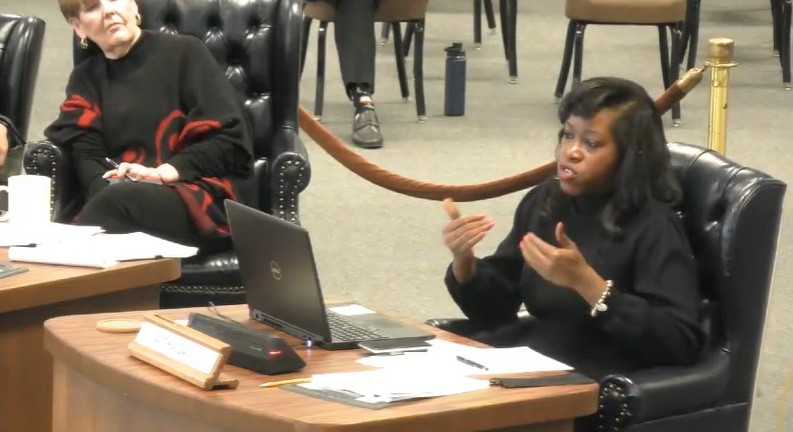 SBOE Member Aicha Davis shares concerns as Member Pat Hardy observes, Jan. 28, 2022